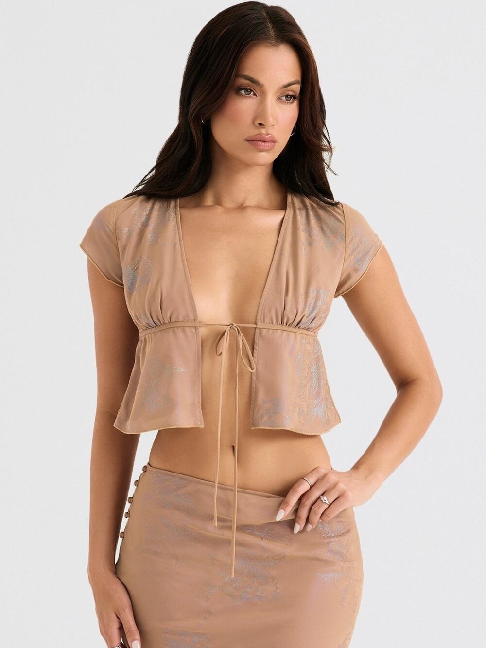 House of CB Maia Shimmer Cafe Au Lait Tie Front Top XS